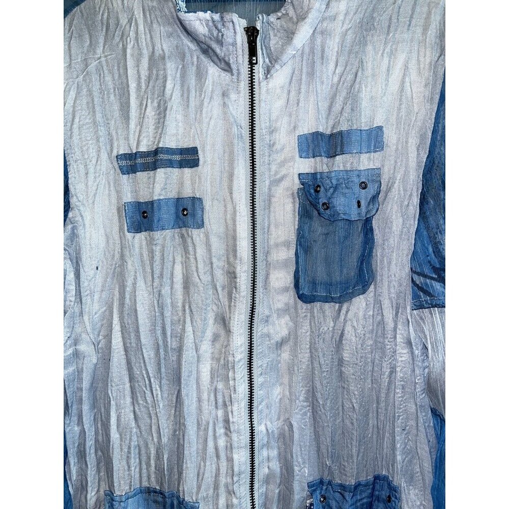 Blue White Gauze Cativa XL Women's Zip Up Mesh Inset Grommet LS Beachy Top - Picture 6 of 8